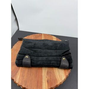 CC SKYE Pleated Suede Clutch Women Small Black Gold Studded Zip Top Evening Bag